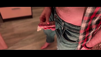 Hairy redneck in jeans jerking off and cum a lot in condom