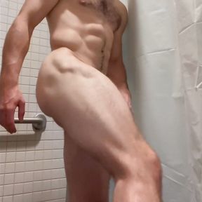 Jerk off his big dick after gym workout. Public shower