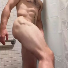 Jerk off his big dick after gym workout. Public shower