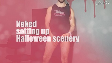 Hairy Naked guy setting up Halloween scenery - LouiFerdi