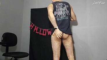 Hairy Naked guy setting up Halloween scenery - LouiFerdi