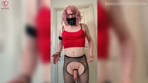 POV belly bulge inserting a 30cm/12in thrusting dildo in the ass