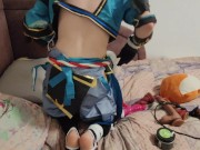 Femboy fucks himself in cosplay Gorou from Genshin Impact