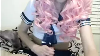 Amateur Twink Crossdresser Masturbates and Cums in Tight Costume