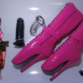 Self Bondage Pain Predicament - Sissy Maid Spiked Chastity Huge Dildo Ballet Boots