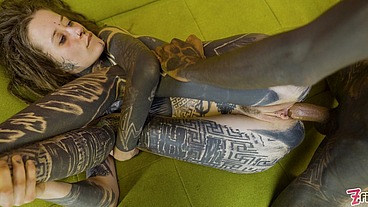 Heavily Tattooed girl deepthroats and takes long cock into her pierced pussy
