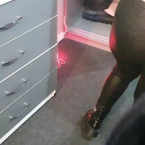 Step mom in leather pants into step son room while his naked