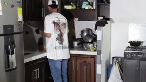 Surprise fuck for my friend in the kitchen cum on my huge boobs