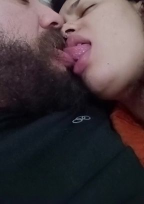 SEXY KISS, slut drinking cuckold&#039;s mouth while fucking hard horny cock with her handjob