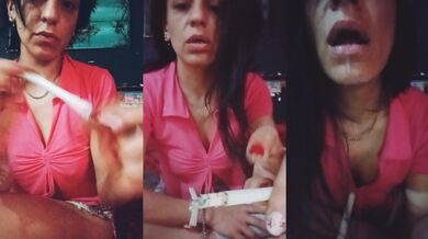 Close up Latina tongue fucking her own lips after smoking
