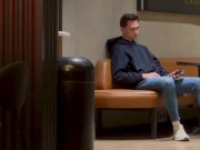 Two guys fuck and kiss in a public toilet in a cafe