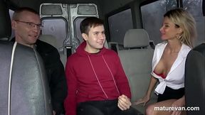 Mature silicone doll picks up a lucky guy in her van for some hot car sex