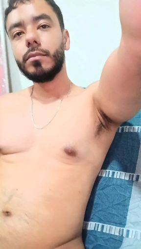 Latino Man Masturbating His Large, Dark, Curvy, Uncut Cock with Both Hands