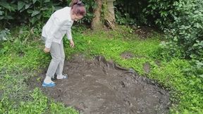 Muddy shoes, jeans and socks ripping