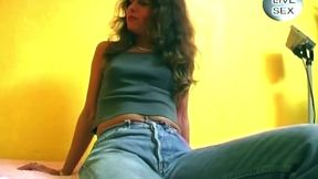 Brunette Slides Massive Blue Dildo Deep Inside