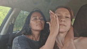 Face slapping and hand fetish sitting in the car 2