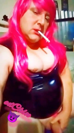 cdChloe smoking and stroking her big cock-pink hair