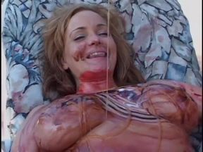 Horny cock sucking babe and bf fuck while covered in syrup on the floor