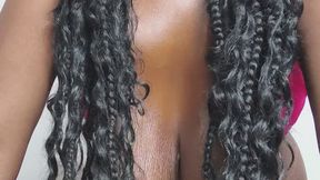 I like to rub my large breasts with oil; my body is natural, like a normal woman's, without any cosmetic enhancements.