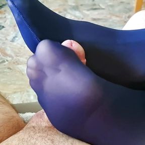 Blue sheer sockjob and ruined orgasm