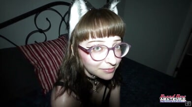 Green-eyed brunette in cat ears takes deep throat and rough anal