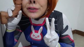 extended cut: trans girl with dva cosplay and bdsm nosehook giving a blowjob, eating cum and deepthroat to big dildo