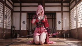 Crimson Samurai! Pink-haired Warrior Kneeling on Tatami, High-slit Kimono Slipping to Reveal Snowy Thighs.