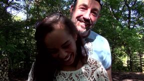 Sexy brunette loves hard threesome outdoor fuck