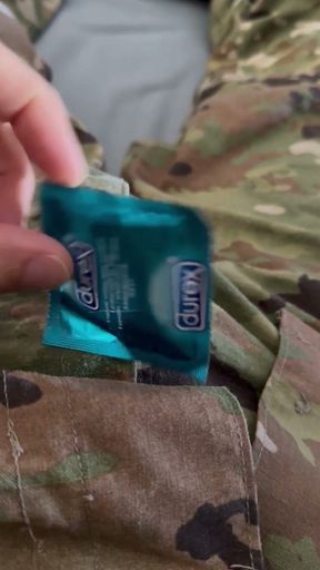 Jerking off in uniform into a condom already full of the cum of buddies   Clip 1