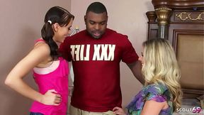 Seasoned blonde cougar teaches teen with puffy tits how to handle big black cock in an old-fresh FFM t