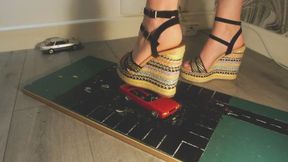 Giantess goddess WinnieLouxo Crushes a Datsun Bluebird & Nissan Leopard TRX in big wedges with painted toenails left close view and box crush.