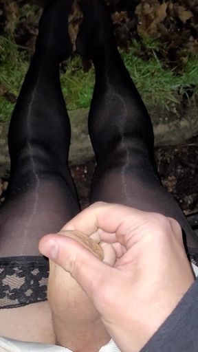 Cum over my glossy black holdups on a cold night