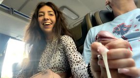 Public jerk-off on a crowded bus ends with a messy cum shot