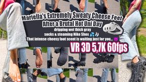 VR 3D 5,7K 180 60 fps | Mariella’s Super Sweaty Stinky Cheese Feet After Intense Hot University Day – Slowly Peeling Off Thick Damp Gray Socks from Black Nike Shox, Dripping Wet Soles, Slippery Toes, Strong Foot Smell & Extreme Sweat Close-Ups