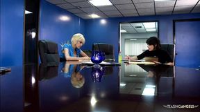 Busty brunette and blonde seduce their coworker into having an anal threesome in the office