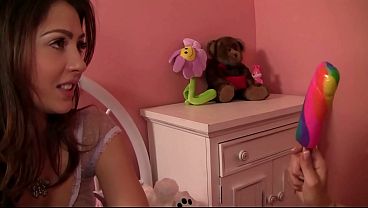 They can'_t even get their clothes off before sliding the rainbow dildo on a stick over the...