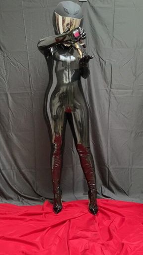 Me full-body getting oiled up and shiny in my latex catsuit