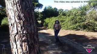 nippleringlover walking topless at outdoor beach - pierced jugs huge