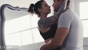 Tattooed Bombshell Sucks Off Coworker While Hubby's Away