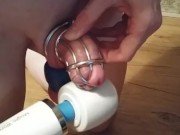 Slave in chastity and plugged, ordered to edge and cum