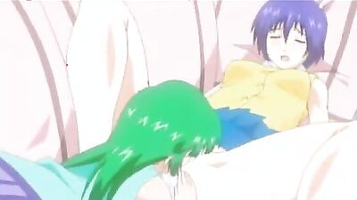 Hot anime teen relaxes on couch and gets naughty with big toys