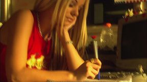 there s a dick for her pussy, one for her mouth, and one for her hand as this little teen...