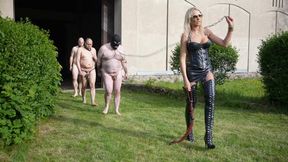 Lady Dark Angel - Dirty whipped slaves get to cool off in the cold water of the lake