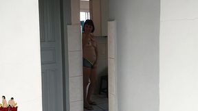 my wife teasing me near of the plumber