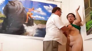Outdoors domination Dude undressed lady at art gallery