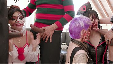 Halloween Party with Mina K, Maily Presly and Camila Smith assfucked together in hot 3 on 3 (Anal ,piss drinking)