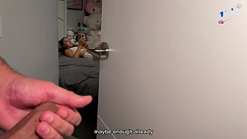 Caught Jerking Off - Brunette Sister Gives Deep Throat Blowjob