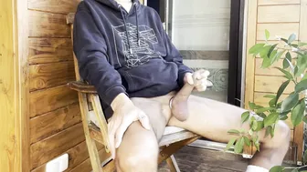 Hairy Daddy Jerks Big Cock on Balcony and Shoots Huge Load