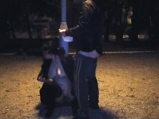 A piss slut wife drinks a piss in a public park