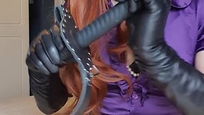 Ginger secretary in a purple satin blouse
